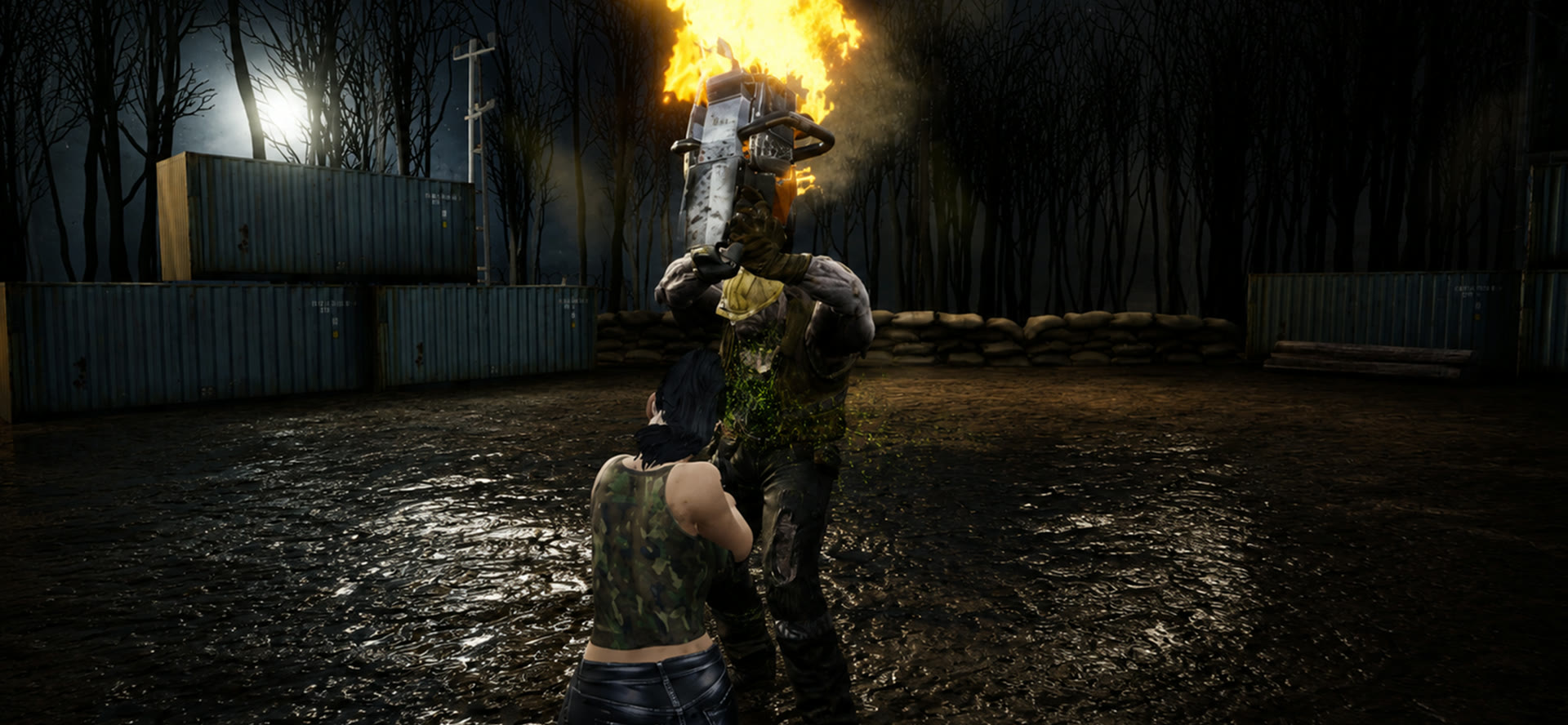 A chainsaw-wielding boss lifting the player off the ground