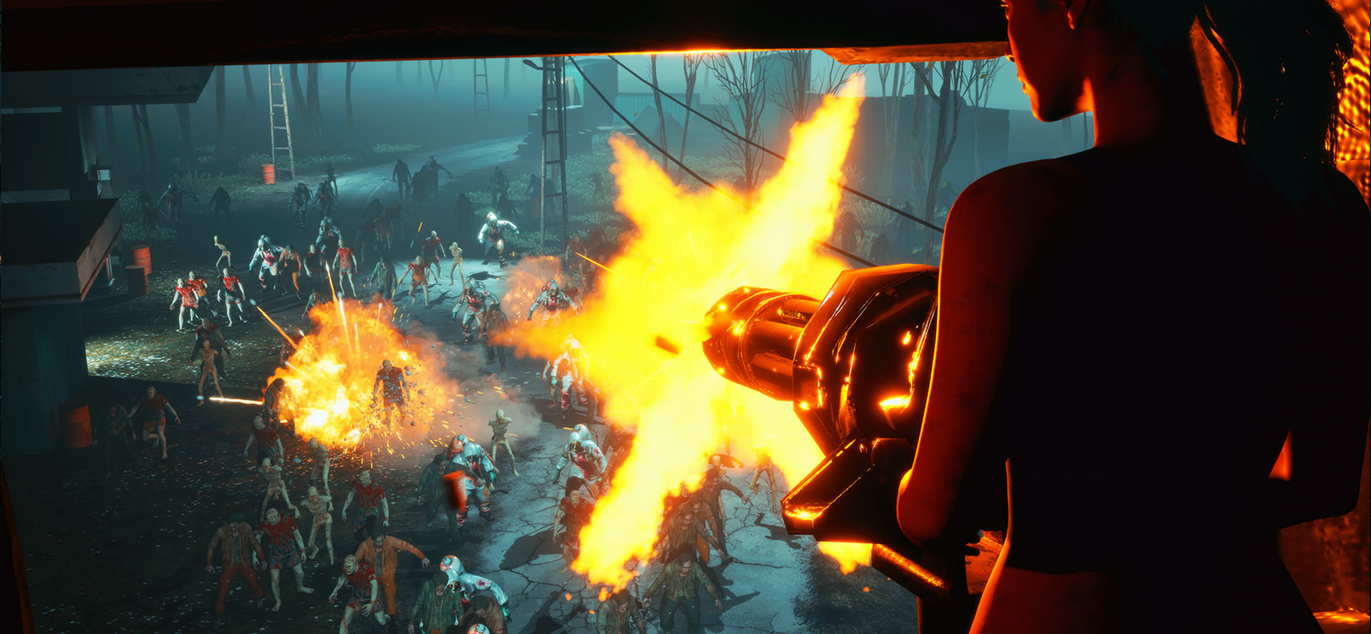 Mowing down zombies with a flamethrower from a raised barricade at night